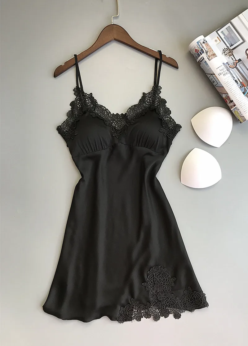 Jerrinut Summer Sleepwear Nightgown For Women Sleeveless Sexy Lace Silk Night Dress Sleepshirt With Chest Pad Homewear Nightie  