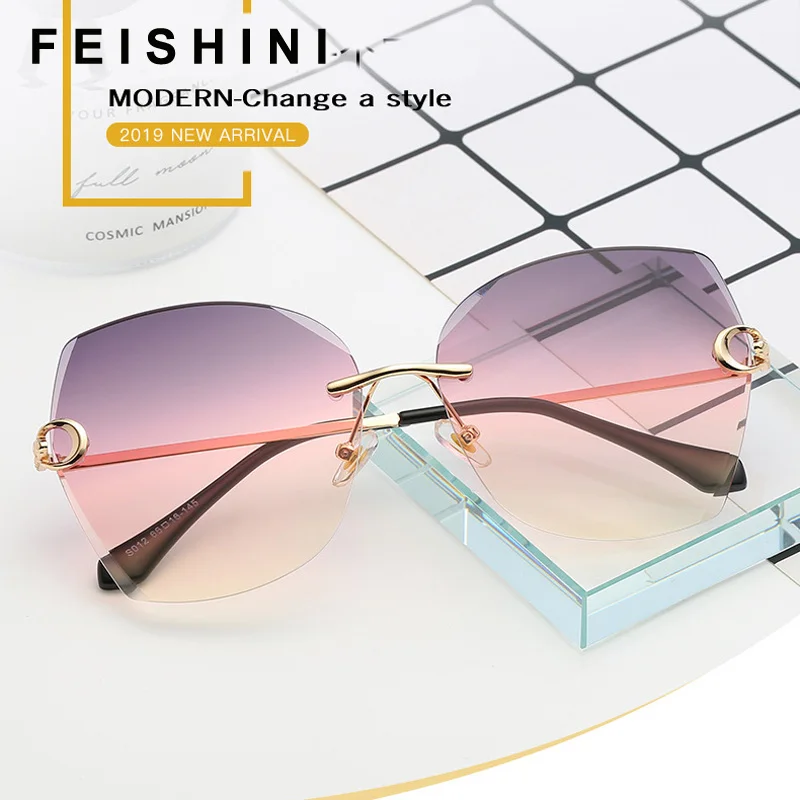 

FEISHINI Fashion Green Gradient Sun glasses Crystal Rimless Sunglasses Women Vintage Oversized Frame Classic Red Brand Designer