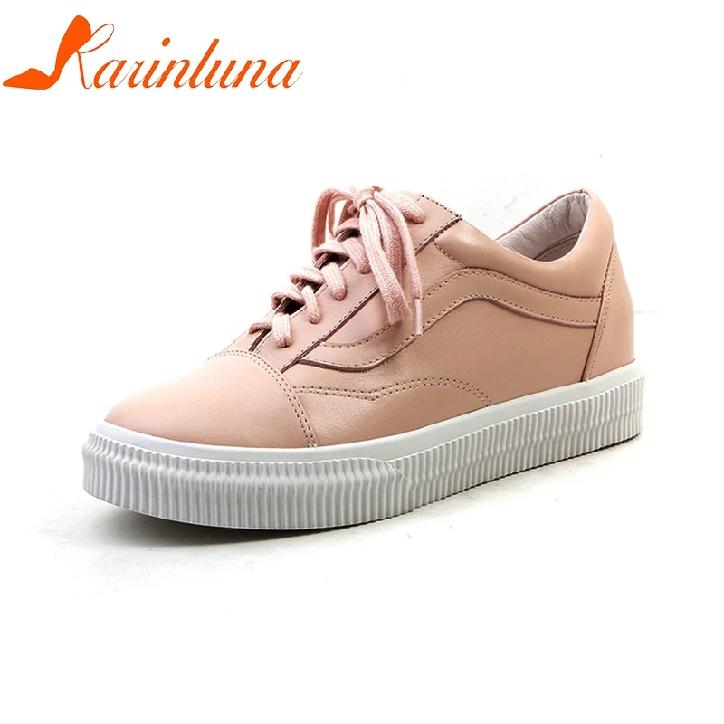 

KARINLUNA 2018 Cow Leather Large Size 34-40 Round Toe Lace Up Women Shoes Woman High Heels Pumps Woman Shoes