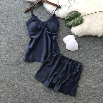 

Sexy Lace 2pcs Nightie&Shorts Female Pajamas Set Lady Satin Home Clothes Nightgown Lingerie Flower Sleepwear Nightwear M L XL