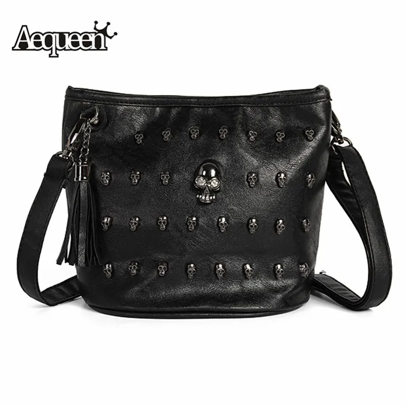 

AEQUEEN Punk Skull Rivet Bags Women Messenger Bag Europe Shouder Bag Lady Purses Briefcase Leather Handbags Female Bolsa Black