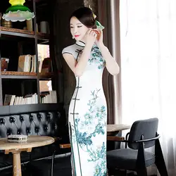 Винтаж леди атласная Sexy Cheongsam китайское традиционное женское платье Элегантный цветочный принт тонкий ручной работы и пуговицы Qipao Плюс