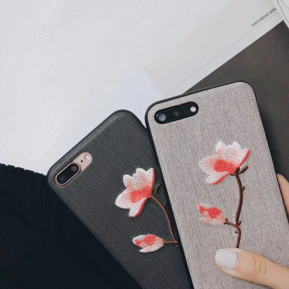 Flowers silicone edge phone case For iphone 6 6s 6 plus back cover fabric 6s plus 7 7plus flowers embroidered  (4)
