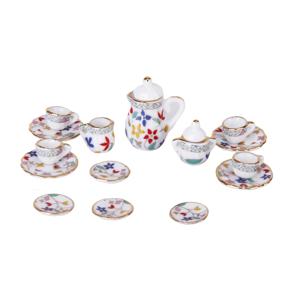 15 Pieces Dollhouse Miniature Porcelain Tea Set for 1/12 Doll House Accessories Flowers Printed Mini Dining Ware 