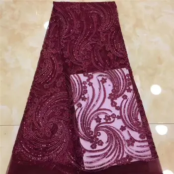 

Wine red African Lace Fabric With Sequins 2019 Latest African Lace Fabric High Quality France tulle Sequins Lace Fabric Dress