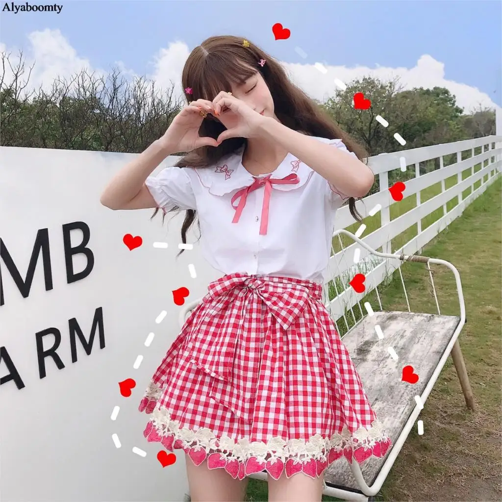 

Japanese Summer Women Lolita Style 2 Pcs Set White Embroidery Bow Cute Shirt Red Plaid Embroidery Kawaii Skirt Mori Girl Outfits