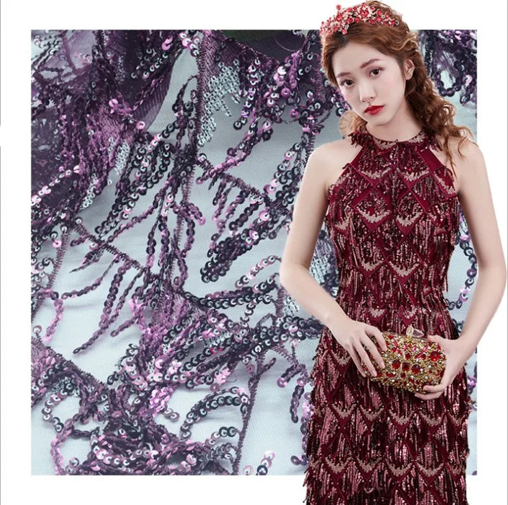 

2018 Upscale Net Champagne Sequins Lace High Quality French Tulle Lace Wedding Nigeria fabric 1 meter