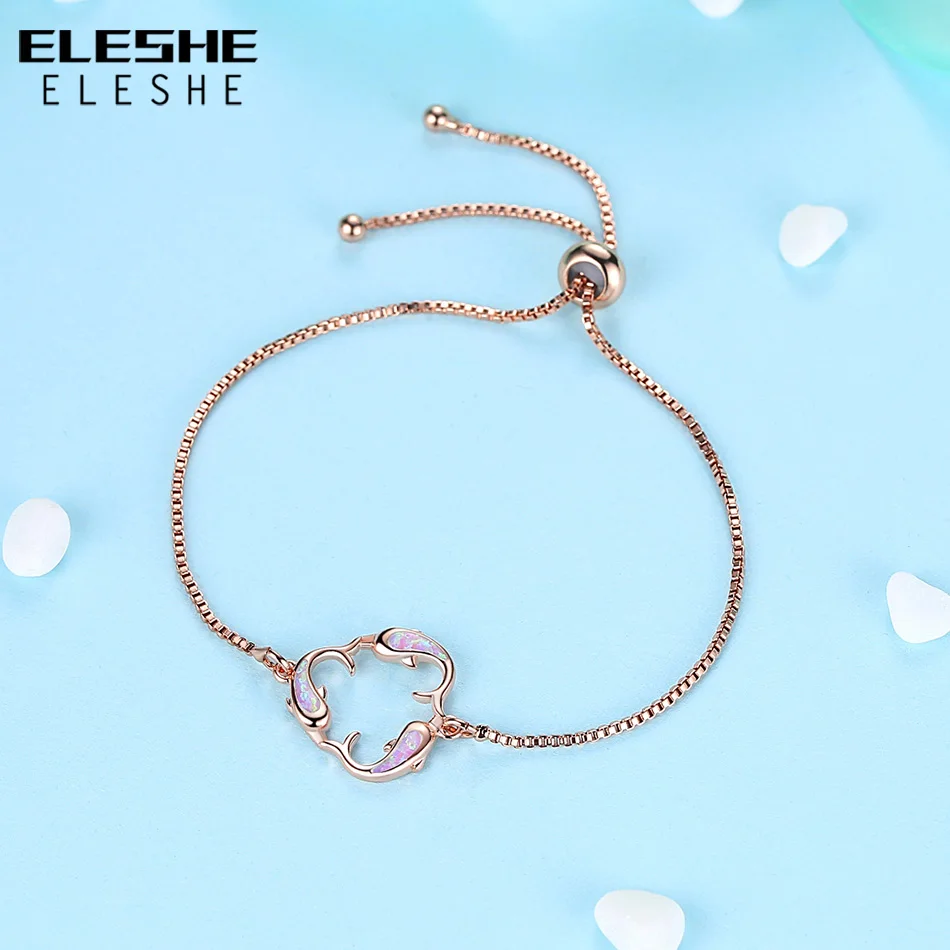 ELESHE 2 Colors Antique Silver Chain Bracelets with Zirconia Fire Opal Women Bracelet 2018 Dancing Dolphins Rose Gold Jewelry