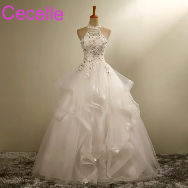 Ball Gown Long Wedding Dresses 2018 Halter Beaded Lace Ruffles Ball Gown Long Wedding Dresses 2018 Halter Beaded Lace Ruffles Organza Country Western Floor Length Bridal