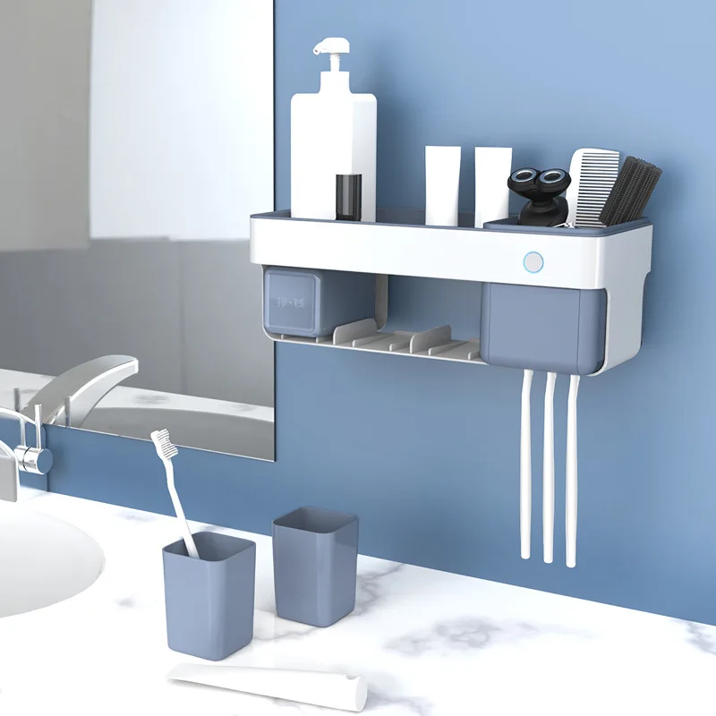 

Home Automatic Toothbrush Holder UV Disinfection No Nails Bathroom Wall Mount Rack Bath Set Toothpaste Toothbrushes Storage