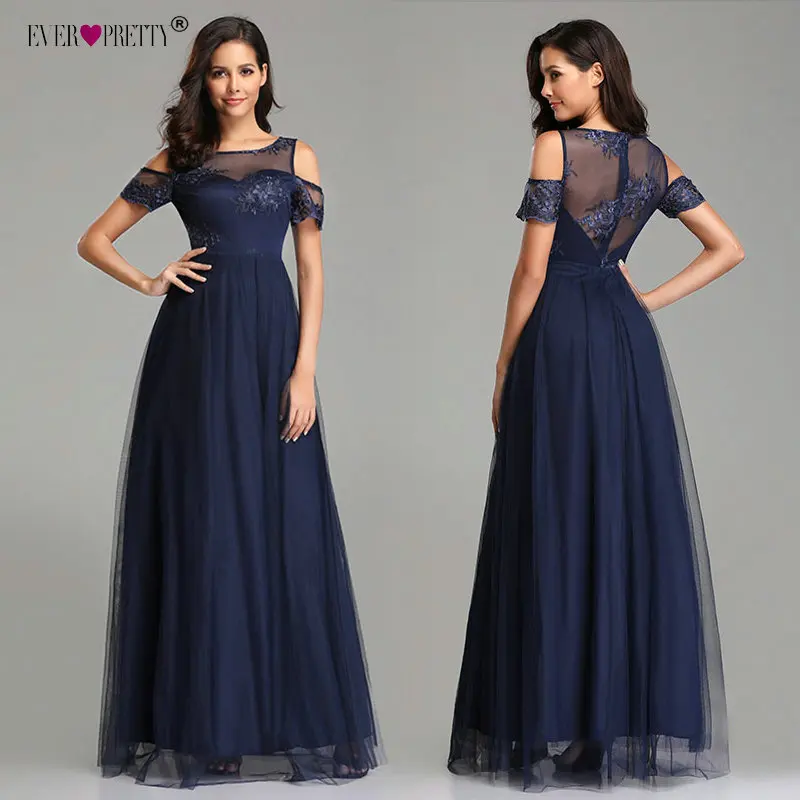 Evening Dresses Long Ever Pretty EZ07646NB 2019 Navy Blue Vintage Lace Appliques A-line Tulle Elegant Formal Party Evening Gowns