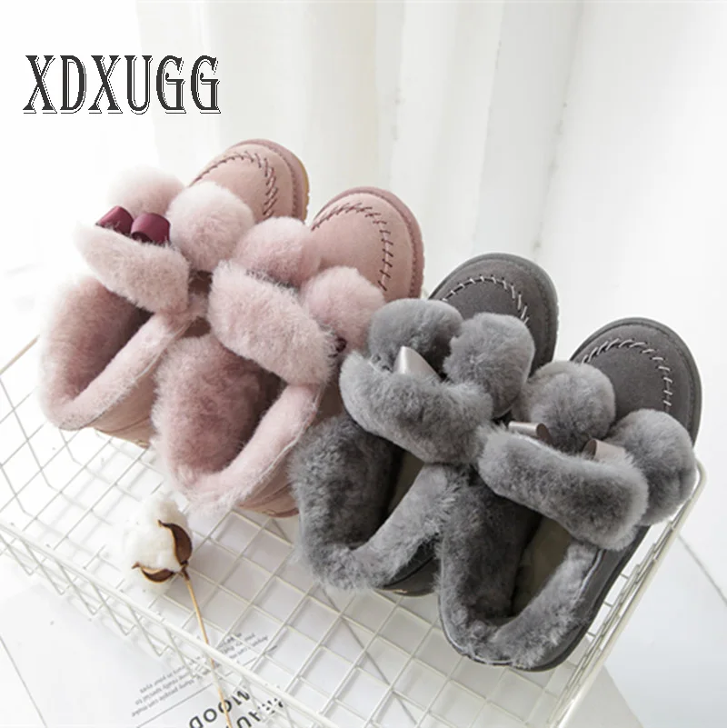 

Shallow mouth hair ball 2018 NEW snow boots female sheep fur one leather flat with short boots student cotton shoes color XDXUGG