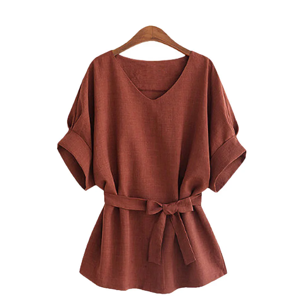 

JAYCOSIN Women's Summer Cotton Loose V Neckline Self Tie Short Sleeve Tops T-Shirt daily 201925