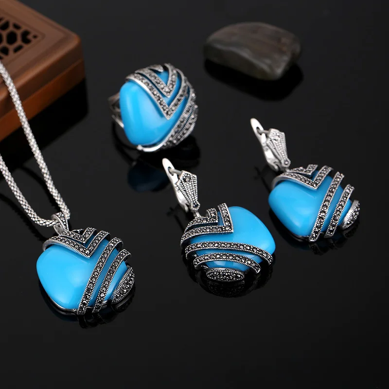 Feelgood Модный женский ювелирный серебристый цвет винтажный набор турецких украшений синий квадратный большой кулон ожерелье серьги кольцо наборы