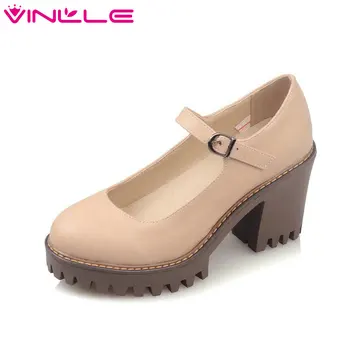

VINLLE 2020 Women Shoes PU Leather Square High Heel Woman Shoes Sweet Style Platform Buckle Ladies Wedding Pumps Size 34-43