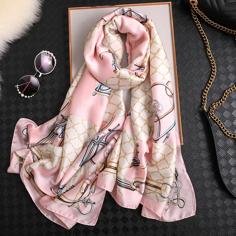 

2019 new luxury brand scarf silk for women fashion chain plaid shawls and wraps high quality travel scarves femme hijab foulard