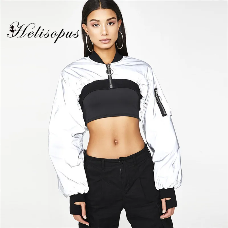 

Helisopus Reflective Women Short Jacket Long Sleeve Zipper Bomber Jackets Casual Outerwear Coat Top