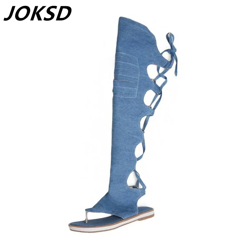 

JOKSD Denim Blue Botas Women Thigh High Boots Summer Flats Women Jeans Over The Knee Boots Peep Toe Shoes Zapatos De Mujer A48