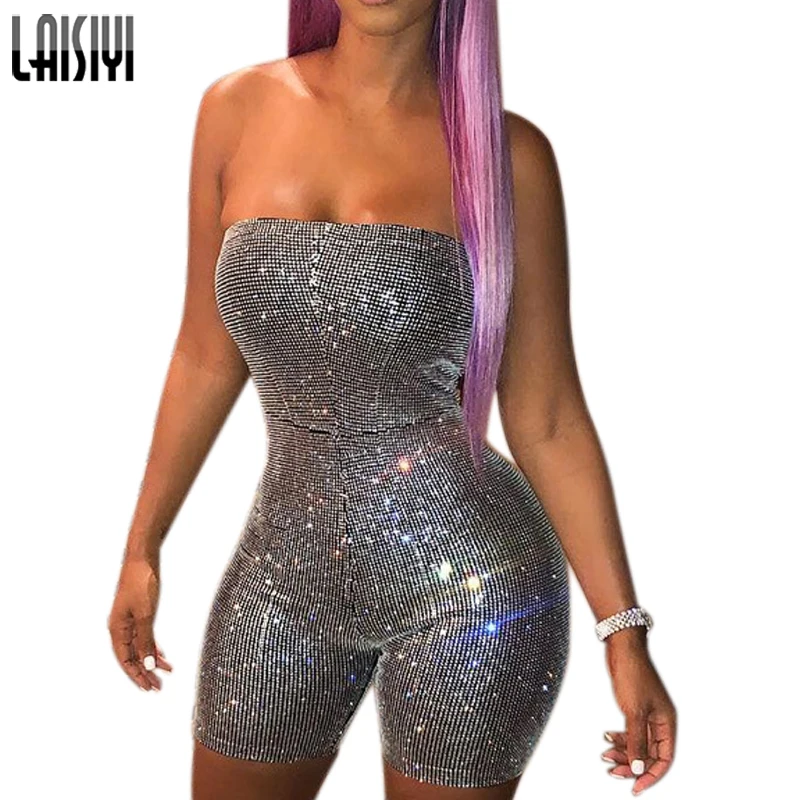 

LAISIYI Women Jumpsuit Sleevelesss Slash Neck Slim Playsuits Solid Summer Playsuit Silver Rompers Sexy Sheath Playsuit ASJU20458