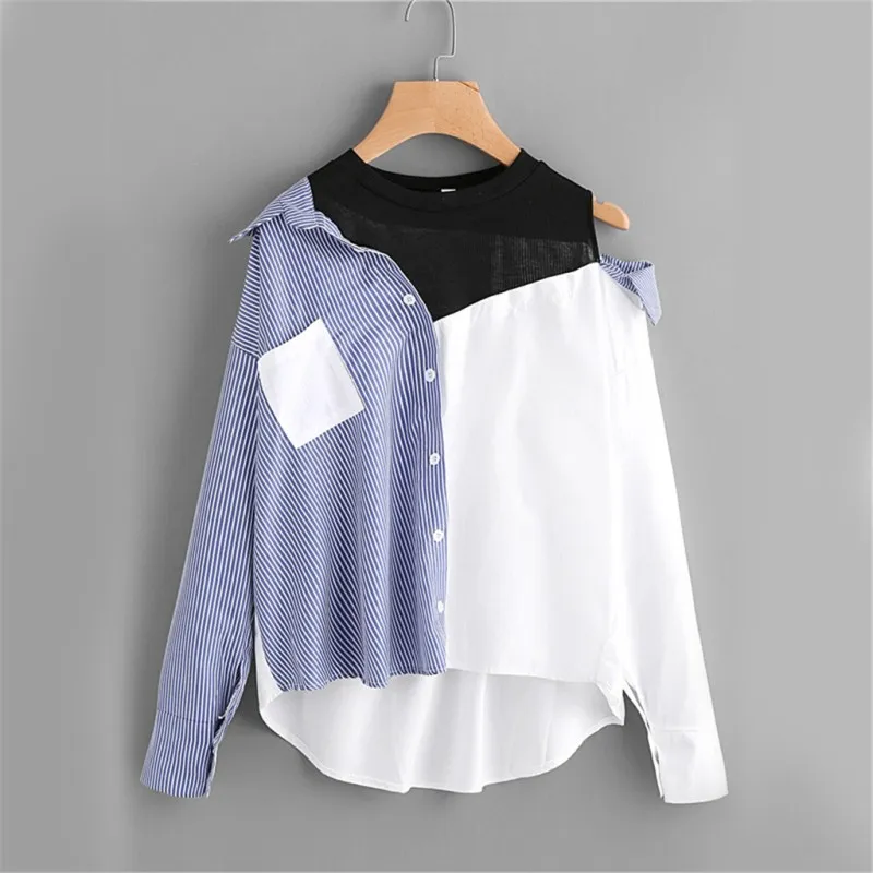 

Patchwork Pockets Slim Shirts Women Asymmetric Open Shoulder Sexy Tops Turn-Down Collar Spring Striped Casual Blouses
