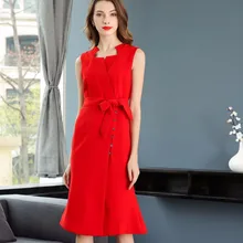 

Summer Dress Elegant Women Dress Vestidos Women Split Mermaid Sexy Dresses Sleeveless Casual BOW Belt Red