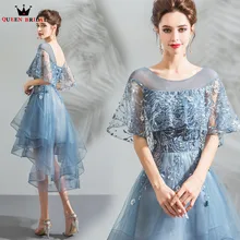 Кружевное Синее Короткое сексуальное элегантное вечернее платье из тюля с коротким рукавом Новое поступление вечернее платье Robe De Soiree JU27