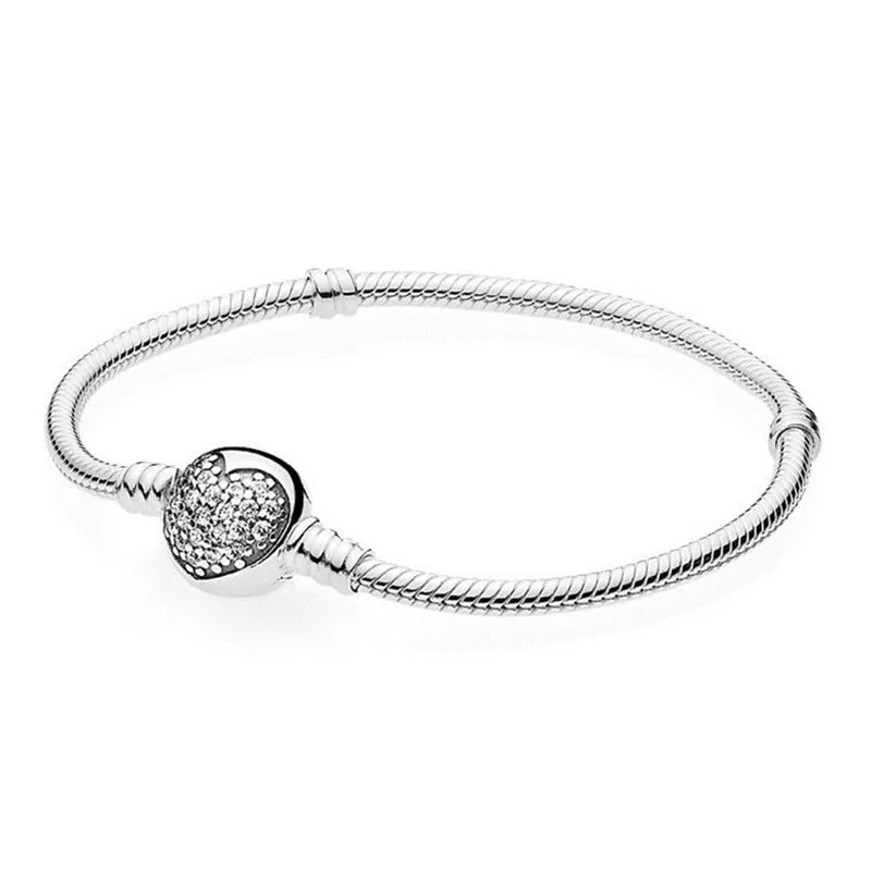 

925 Sterling Silver Bead Charm Snake Chain Fit Moments Silver Pandora Bracelet with Sparkling Heart Clasp for Women DIY Jewelry