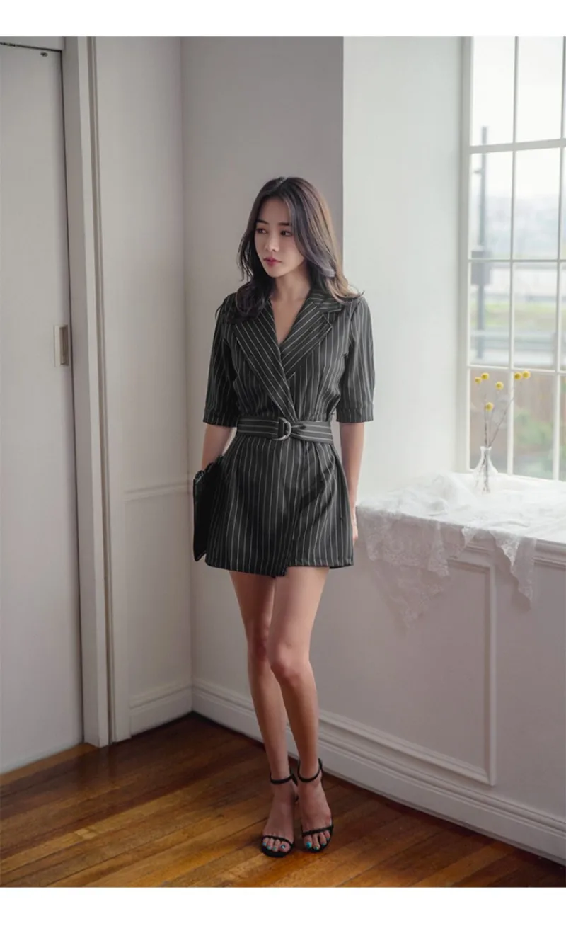 2019 новый летний женский полосатый Блейзер Playsuit с длинным рукавом Check Blazer Rompers с поясом женские Рабочий костюм широкие брюки комбинезоны