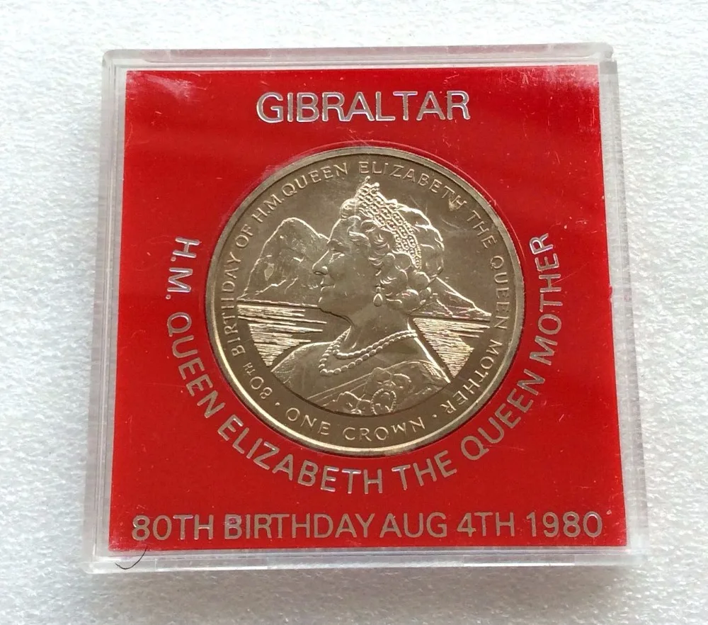 Gibraltar krone монеты 1980 королева мать 80 день рождения оригинальная коробка и монета подарок