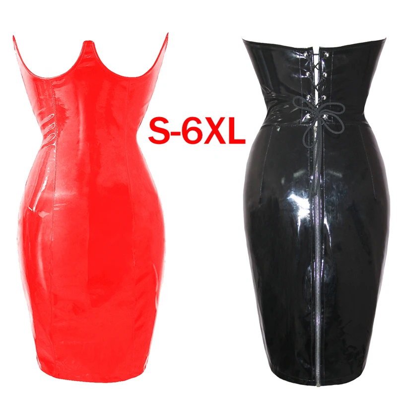 New Arrival Women Sexy Faux Leather Bodycon Dress Underbust Corset Dress Crotchless Fetish Black