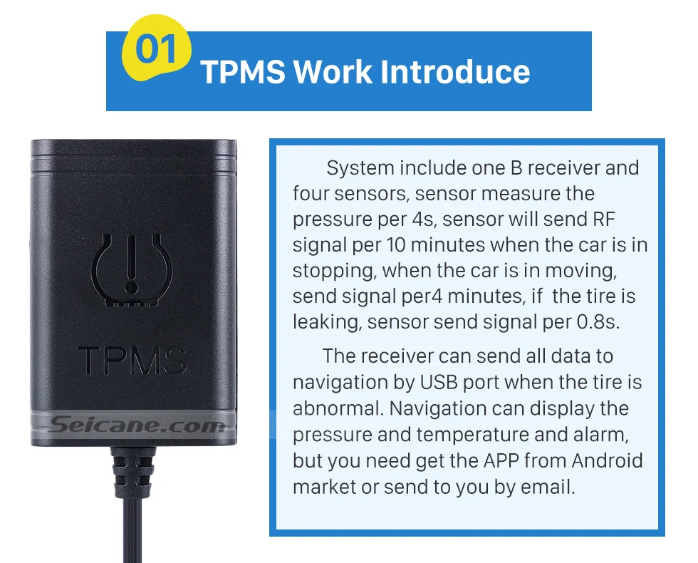 Seicane Автомобильный USB TPMS система обнаружения с 4 внутренними датчиками контроль давления в шинах Авто сигнализация для Android Радио Навигация