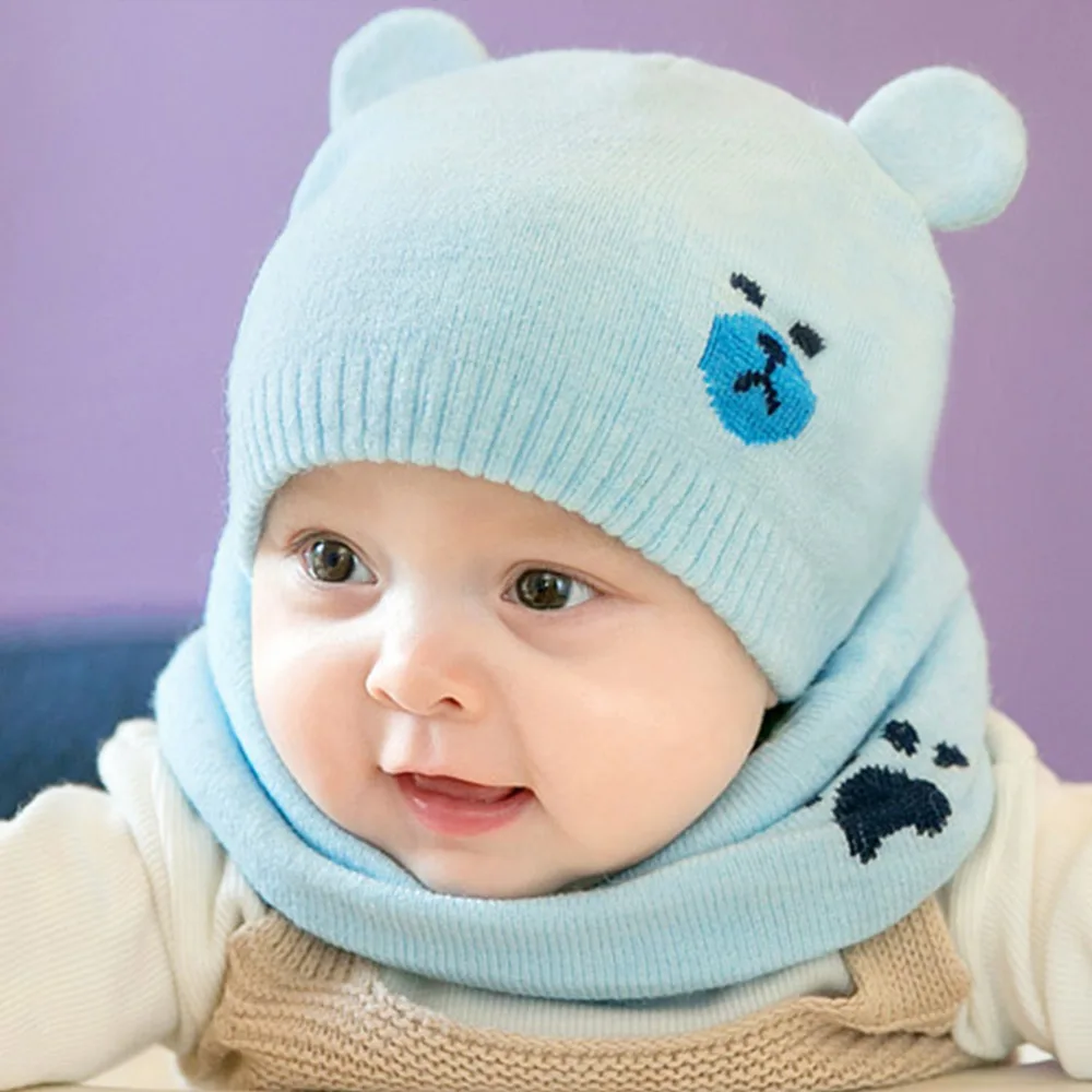 Зимние Детские шапки с медведем, милая детская вязанная шапка для мальчика, шапка, теплая шапка для младенца+ вязаный шарф, комплект, шапка с ушками - Цвет: PJ3366E