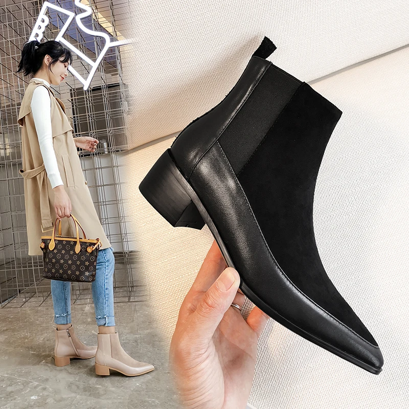 

women Ankle boots Genuine Leather 22-24.5 cm feet length ankle boots for women Leather stitching online celebrity Chelsea boots