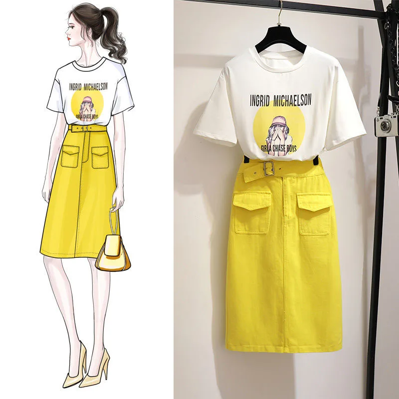 Summer Women Sets Black T Shirt and Yellow Skirt Female Sets