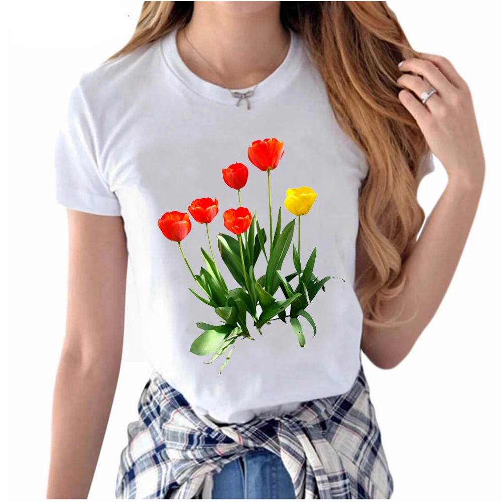 Tulips Printed T Shirt Women Short Sleeve O Neck Casual Tops Summer