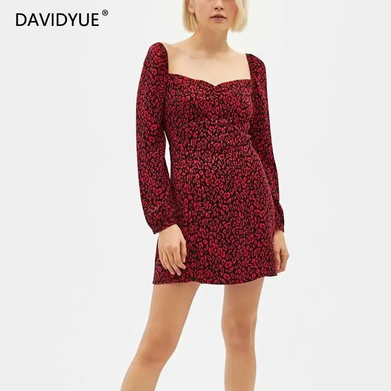 

vintage red Leopard dress women long sleeve dress Korean fashion christmas dress elegant Women mini Sexy dress Vestidos