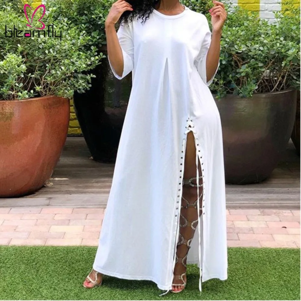 

High Split Loose Long Dress O-neck Half Sleeve Cross Lace Up Maxi White Dresses Casual Streetwear 2019 Summer Clothes For Women
