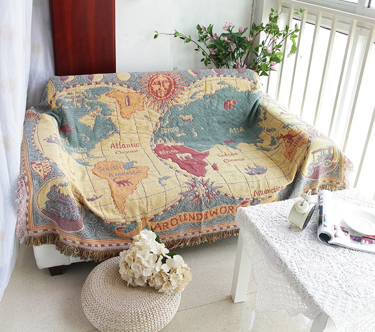

World Map Cotton blanket Non-slip Stitching Blankets Tassel Multi-used Air Conditioning Blanket Abstract Style durable Cover