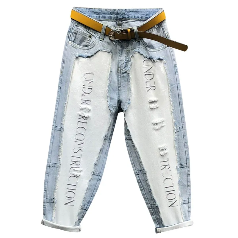 

Jeans women 2019 new summer fashion hole embroidery letter high waist loose ankle length harem pants