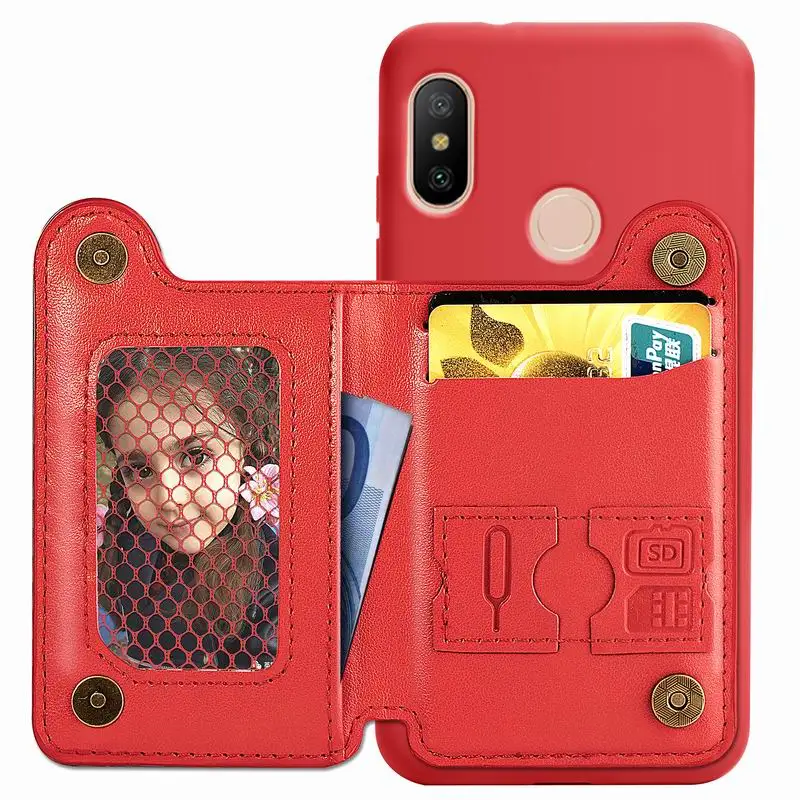 Держатель для карт чехол для Xiaomi Redmi Note 7 5A 6 Pro 5 Plus 4X Роскошный кожаный бумажник мягкий ТПУ задняя крышка для Xiaomi POCOPhone F1 - Цвет: Красный