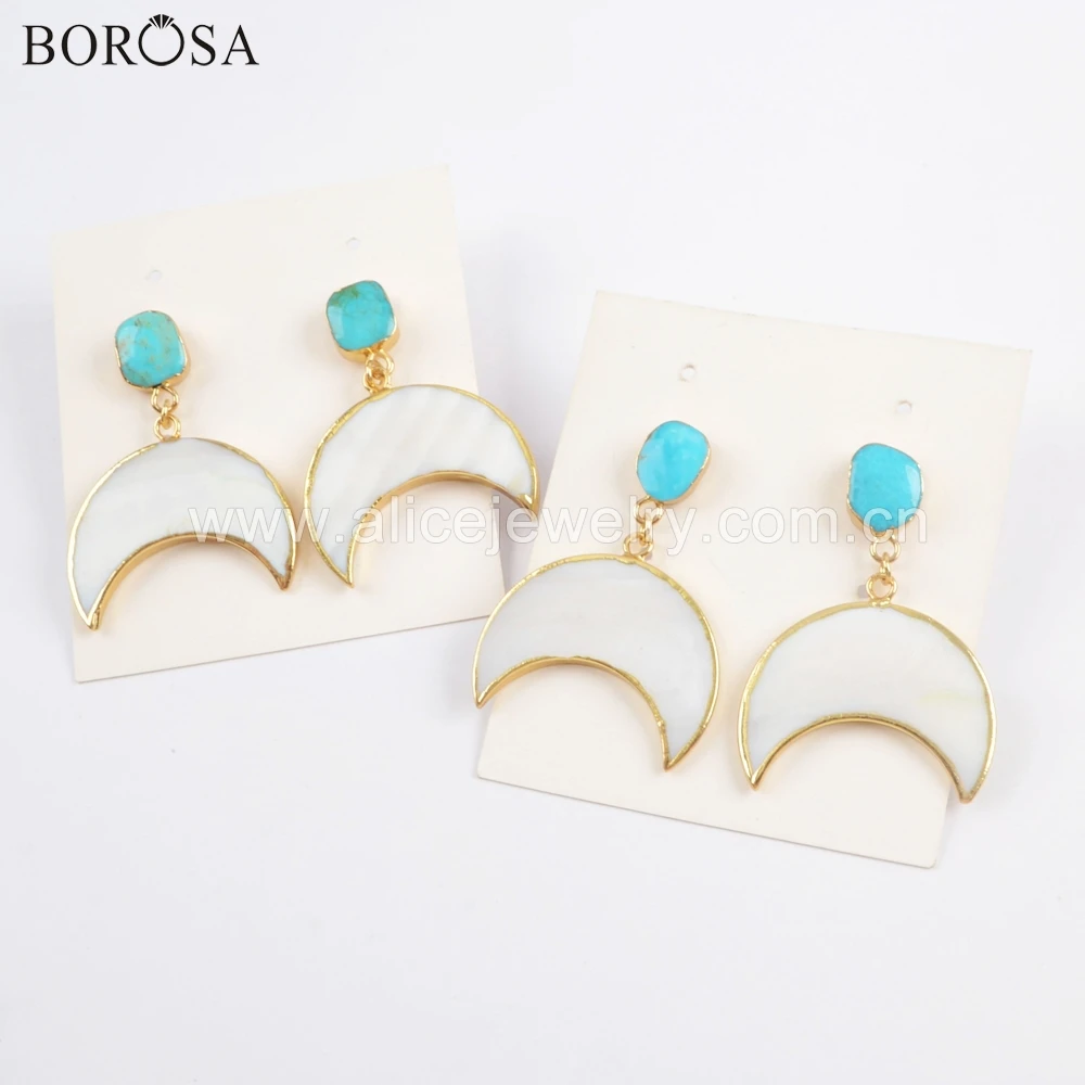 BOROSA 2/3/4 пары натуральных камней с металлические серьги, голубой бирюзовый Полумесяца естественный белый в форме раковин моллюсков серьги в виде капель с G1730