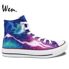 Вэнь оригинальные окрашены вручную кроссовки красочные Галактическая Туманность Starlight женские мужские высокие холщовые туфли