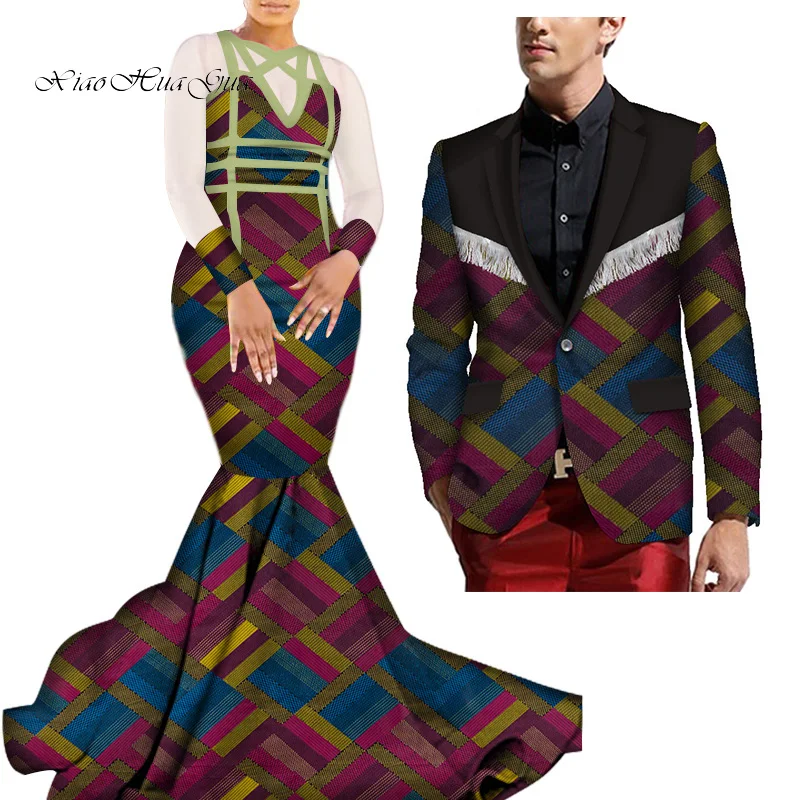 African Mermaid Bazin Riche Dresses for Couples Dashiki African Couple Clothing Women's Dress+Men's Blazer 2 Pieces Set WYQ275