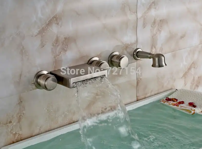 New Wall Mounted Nickel Brushed Waterfall Bathtub Faucet 3 Handle