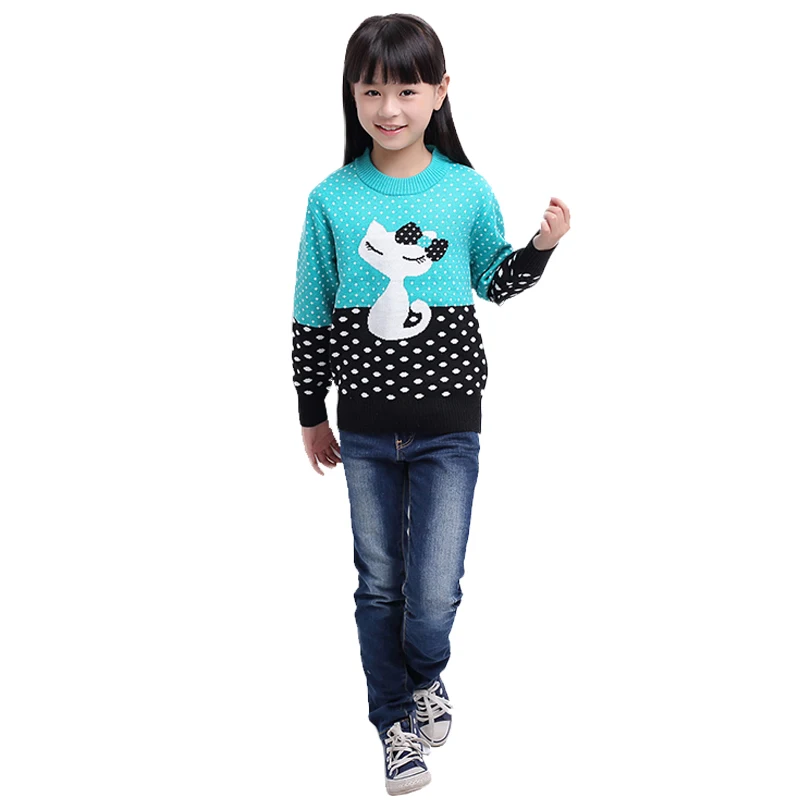 

Casual Warm Kintted Sweaters Pullover With Animal Pattern And Dots Pull Fille O-Neck Baby Girl Clothes Wool Sweater For Girls