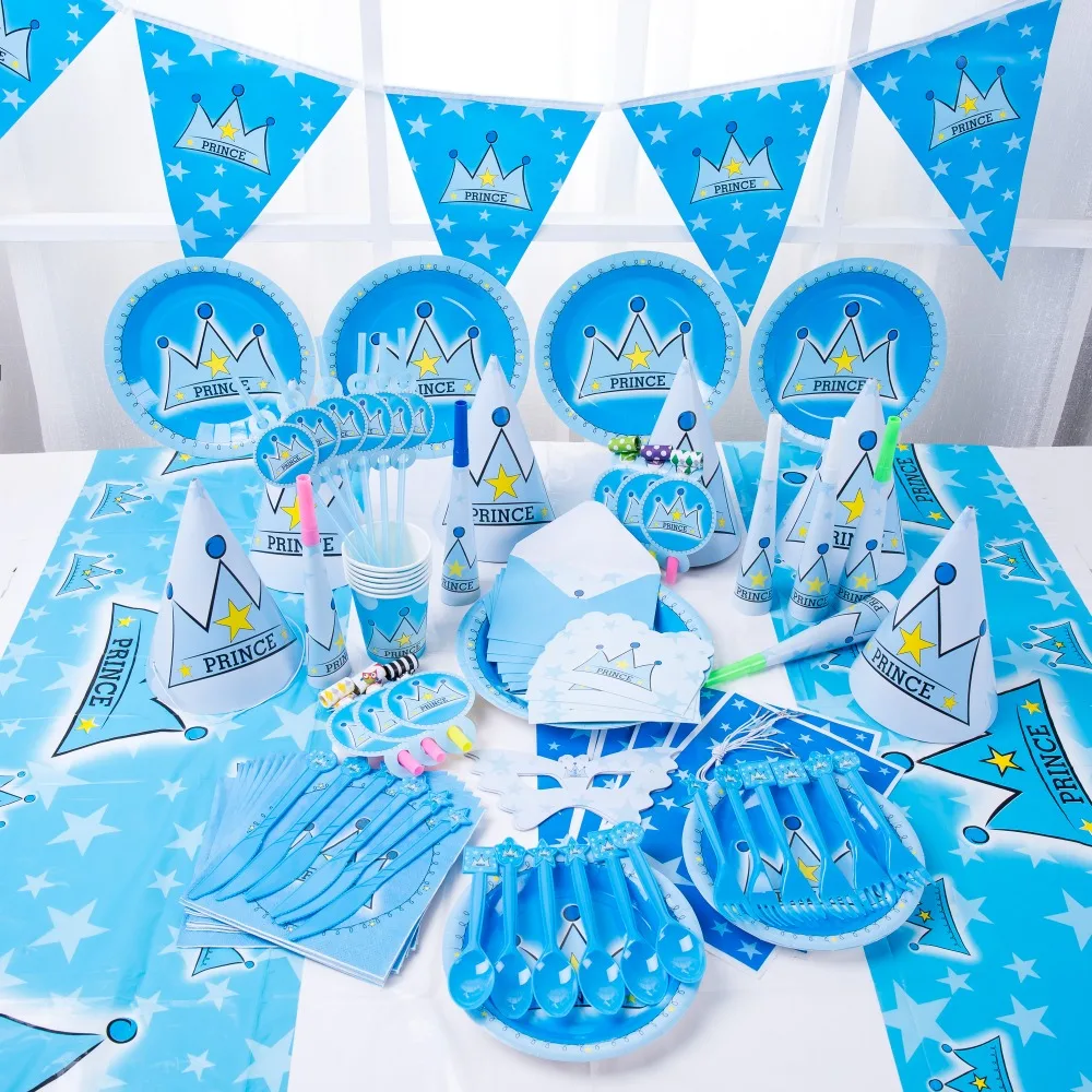 День рождения Дети Корона принца baby shower Свадьба фестиваль вечерние украшения набор одноразовая посуда набор тарелок поставщиков
