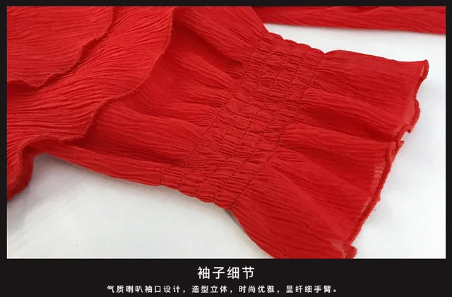 Summer Spring Women Red Ruffles Lantern Sleeve Loose Tops Slash Neck Blouse And Stripped Print Pleated Skirt Suits Set NS292