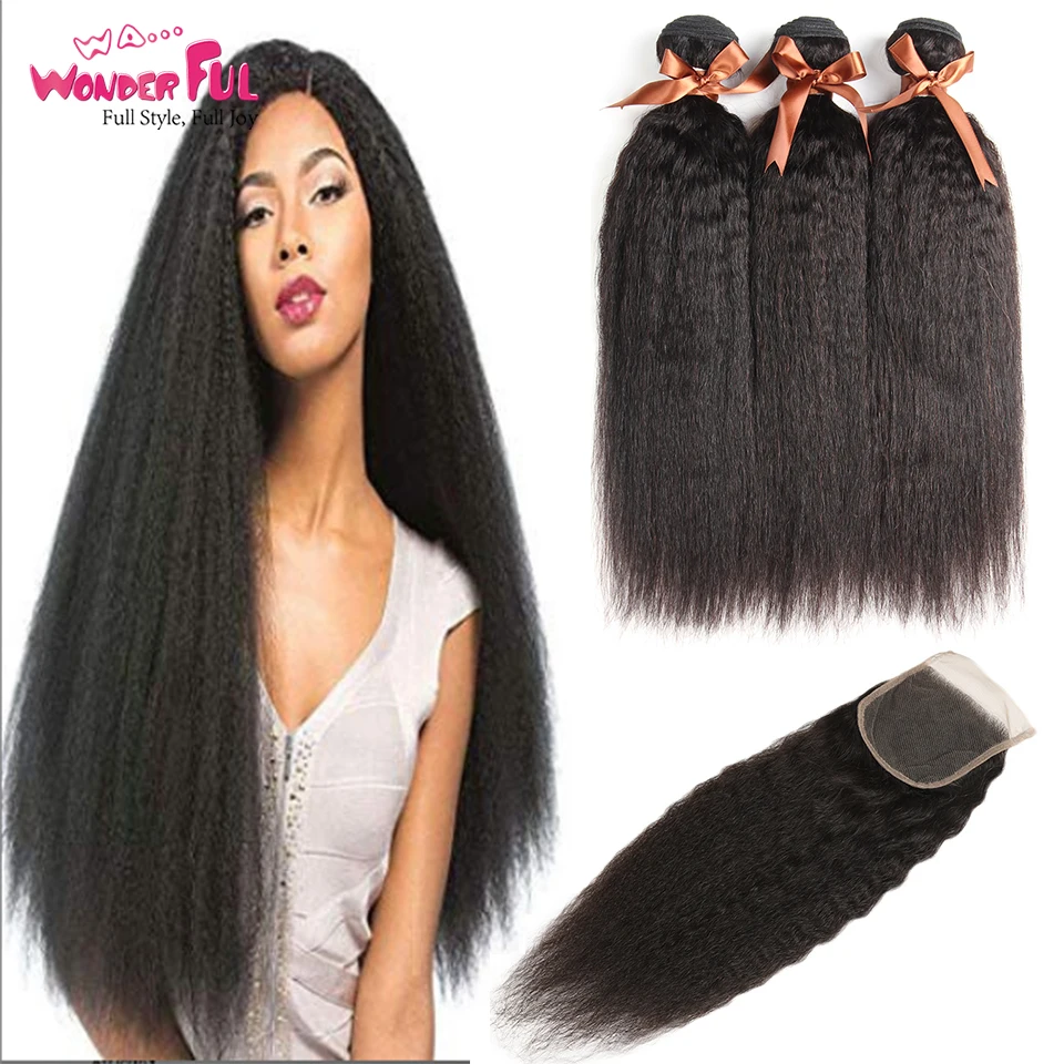 Top Kinky Straight Hair With Closure Peruvian Hair Bundles With Closure