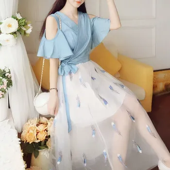 

2 Piece Set 2019 Summer Women Crop Shirt V Neck Cold Shoulder Mesh Skirt Set Embroidery Feathers Skirt Sets