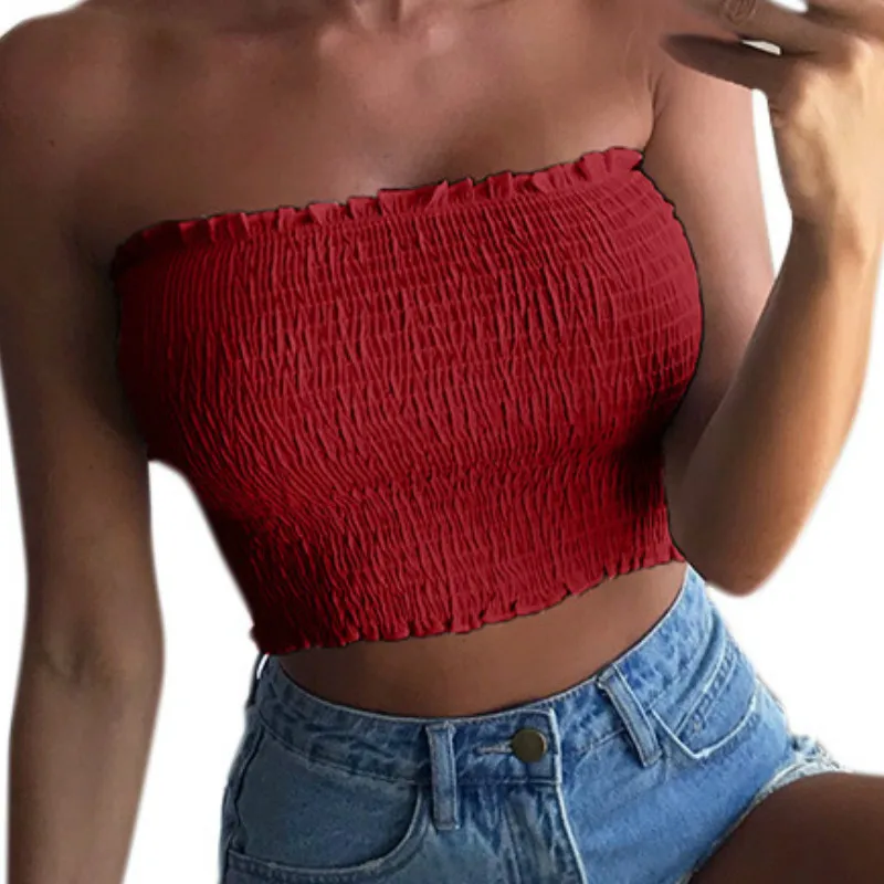 

2018 Spring Women T -Shirts Sleeveless Solid Sexy Lady Short Tee Shirts Summer Slash Neck Elastic Tube Crop Tops Plus Size